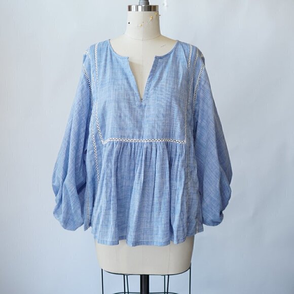 Zara Tops - Zara Balloon Sleeves Tunic Top Split Neck Blue S Bohemian Prairiecore Casual